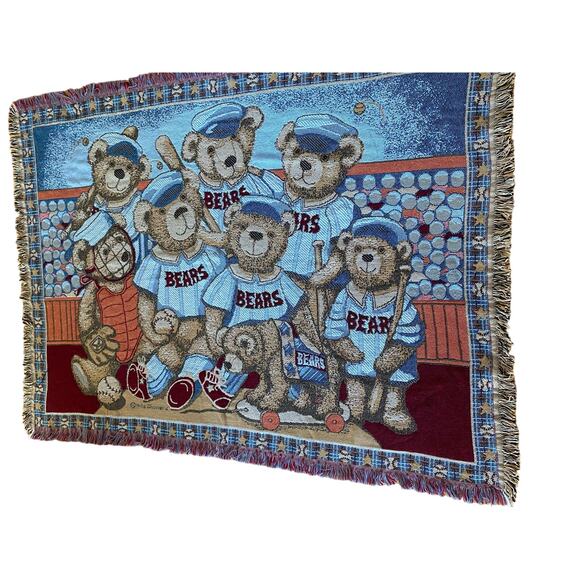 Goodwin Weavers Cotton Throw Afghan Fringe Bears Baseball Woven USA - Picture 4 of 7